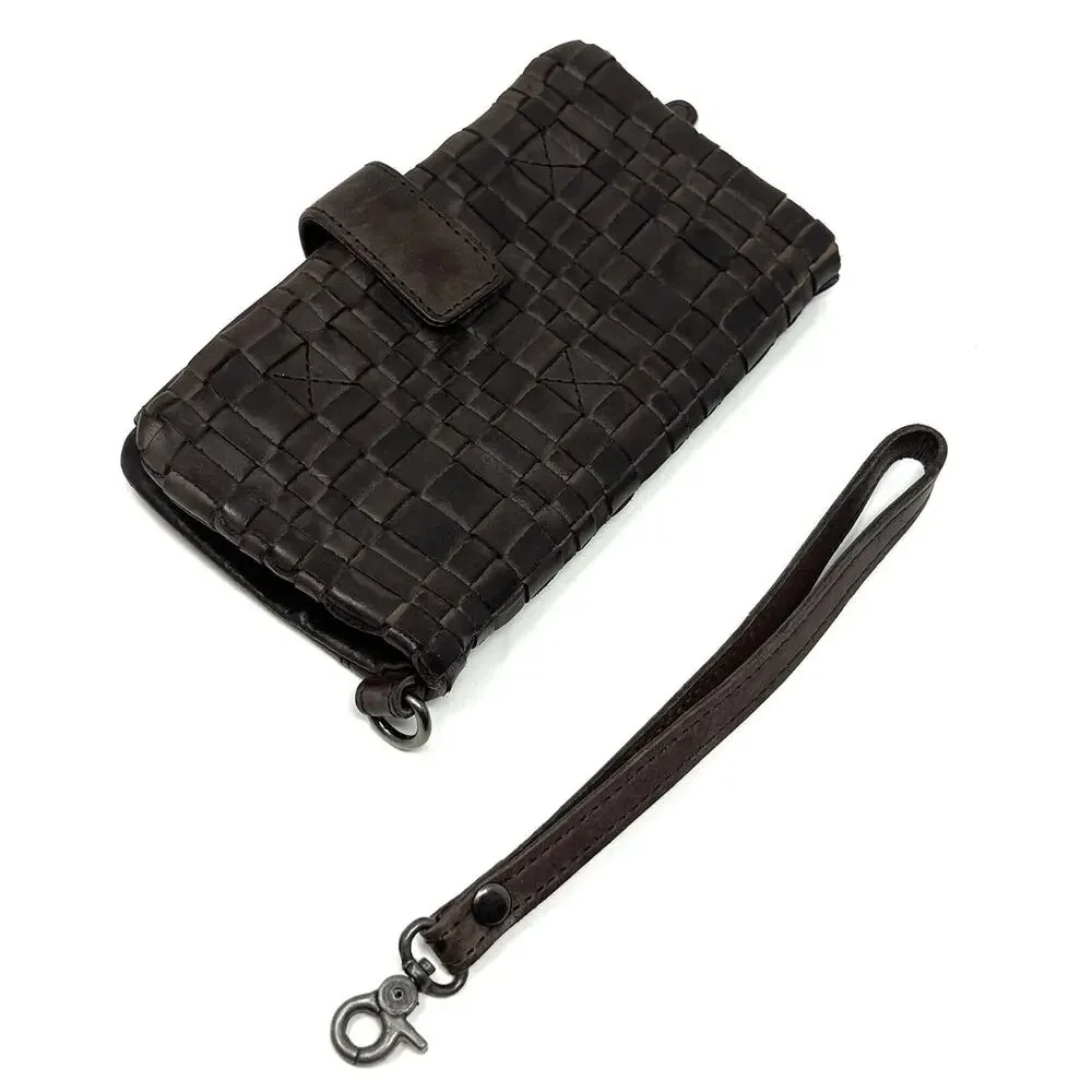 Vilenca Holland Woven Leather Wallet Wristlet Clutch Removable Strap Dark Brown